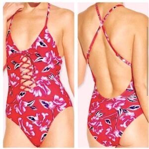 xhilaration Lace-Up Scoop Back hot pink Floral One Piece Swimsuit bathing suit S